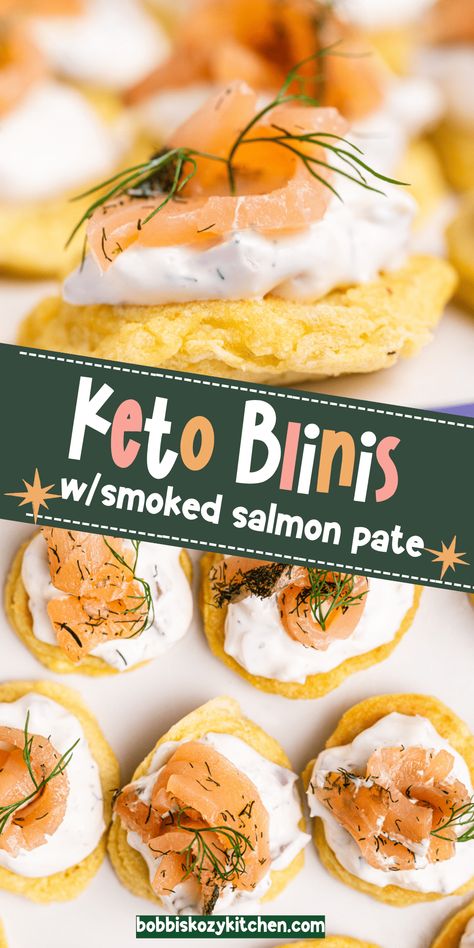 These Keto Blinis with Smoked Salmon Pate are the perfect low carb appetizer to serve or take to your next party or holiday get-together.. Keto Starters Recipes, Keto Smoked Salmon Recipes, Keto Smoked Salmon, Salmon Snack, Smoked Salmon Blinis, Salmon Pate, Smoked Salmon Pate, Low Carb Appetizer, Keto Salmon