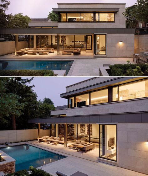 A Limestone Exterior Is The Face Of This Modern House In Toronto Canadian House Exterior, Limestone House Exterior, Limestone Architecture, Malta House, Limestone Exterior, Indiana Limestone, Limestone House, Canadian House, Luxury Homes Exterior