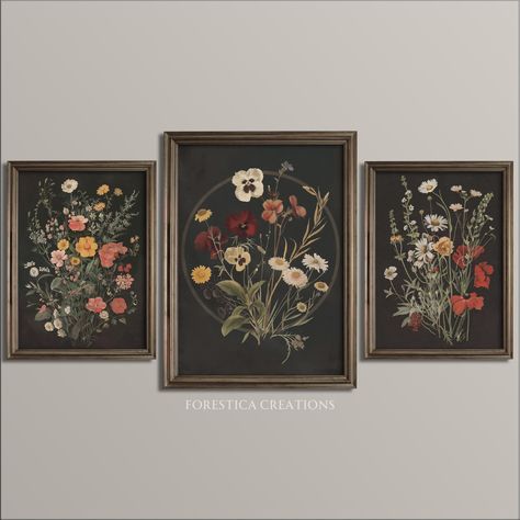 DIGITAL DOWNLOAD - Discover the essence of dark romanticism with this moody triptych wall art, a trio of vintage floral art prints that immerse viewers in the depths of dark cottagecore art. This 3 piece wall art exudes an aura of dark academia decor, with each botanical print presenting a different aspect of a meadow at night. The dark flower prints boast blooms in rich, subdued colors that stand out against the moody backgrounds, embodying the timeless elegance of Victorian floral art. Ideal f Dark Botanical Prints, Black Botanical Art, Home Wall Gallery, Moody Botanical Decor, Moody Vintage Gallery Wall, Simple Flower Wall Art, Vintage Floral Art Prints, Dark Botanical Art, Ethereal Home Decor