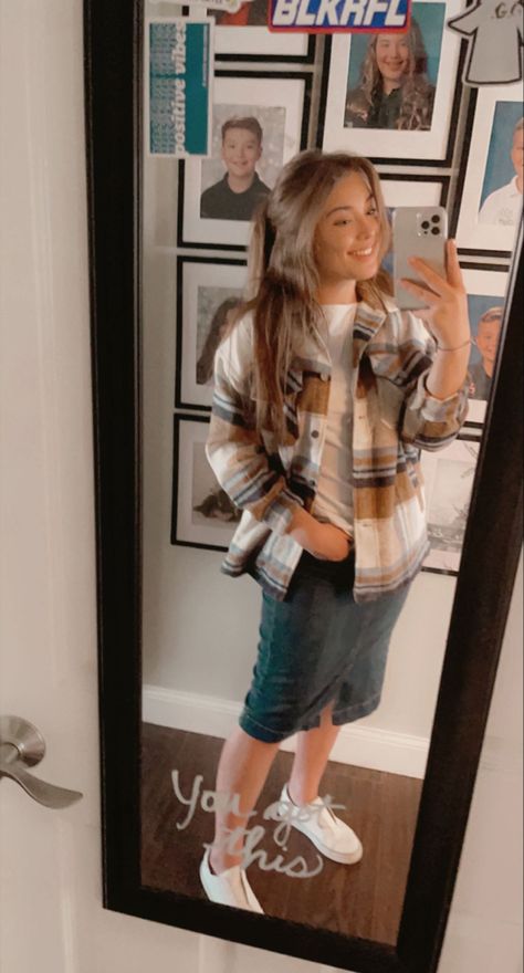 Shacket Skirt Outfits, Skirt With Shacket, Modest Shacket Outfit, Shacket With Skirt, Shacket Western Outfit, Western Shacket Outfit, Plaid Collared Shacket For Fall, Fall Outfits Denim, Biblical Modesty