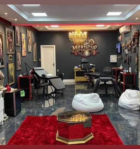 Tattoo Studio Furniture, Tattoo Shop Grand Opening Ideas, Tattoo Salon Design Ideas, Tattoo Shop Interior Design Studios, Tattoo Shops Interior Design, Tattoo Shop Decor Ideas, Modern Tattoo Shop Interior, Tattooist Aesthetic, Tattoo Shop Interior Design