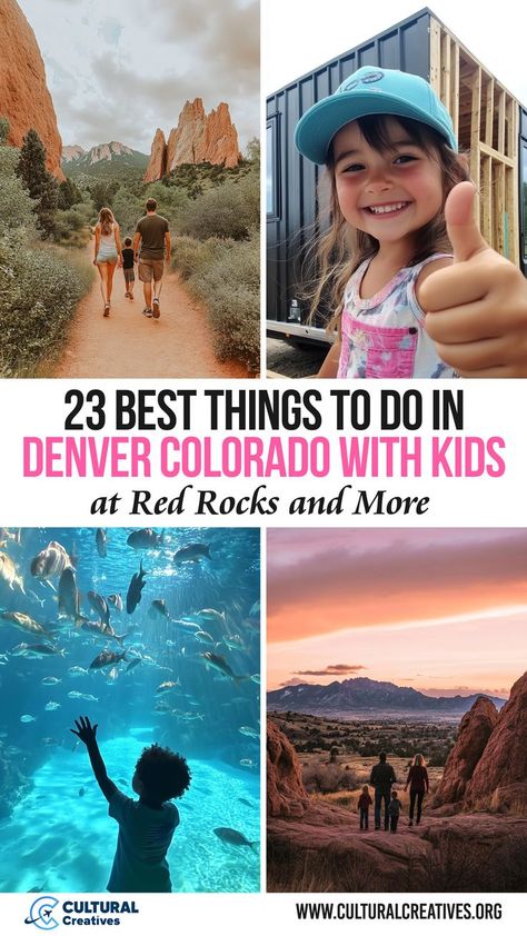 A family-friendly collage for 23 Best Things to Do in Denver Colorado with Kids at Red Rocks and More, featuring a family hiking in Red Rocks, a smiling child giving a thumbs-up, an aquarium scene with fish, and a family enjoying a sunset in the mountains. Arvada Colorado Things To Do, Denver With Kids Summer, Denver Colorado Things To Do With Kids, Best Things To Do In Denver, Denver Colorado With Kids, Denver Colorado Things To Do, Denver With Kids, Learn About Dinosaurs, Colorado With Kids