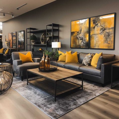 Grey And Espresso Living Room, Yellow Grey Living Room Decor, Grey And Brown Rustic Living Room, Black White Brown Gray Living Room, Brown And Gray Sofa, Grey Black Yellow Living Room, Charcoal And Mustard Living Room, Black White Grey And Brown Living Room, Dark Brown And Yellow Living Room