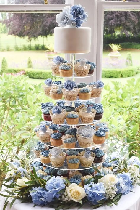 Blue Cupcake Wedding Cake, Light Blue Cupcakes Wedding, Small Blue Wedding Cake, Navy Blue Wedding Cupcakes, Dusty Blue Wedding Cupcakes, Blue Wedding Desserts, Dusty Blue Cupcakes, Blue Dessert Table, Dusty Blue Wedding Cake