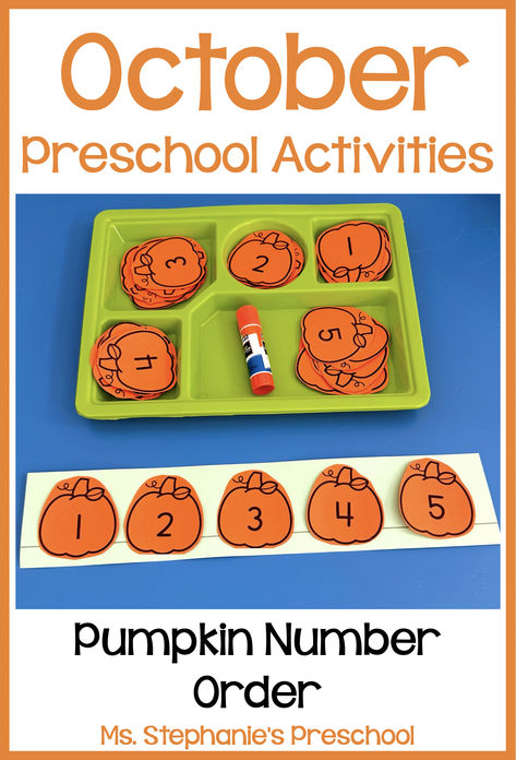 October Preschool Activities - Pumpkin Number Order Preschool Math Halloween Activities, Fall Math Games For Preschoolers, Spooky Week Preschool, Fall Math For Preschool, Halloween Preschool Circle Time Activities, Counting Halloween Activity, November Fine Motor Preschool, Active Me Preschool Activities, Halloween Lesson Plans For Preschool