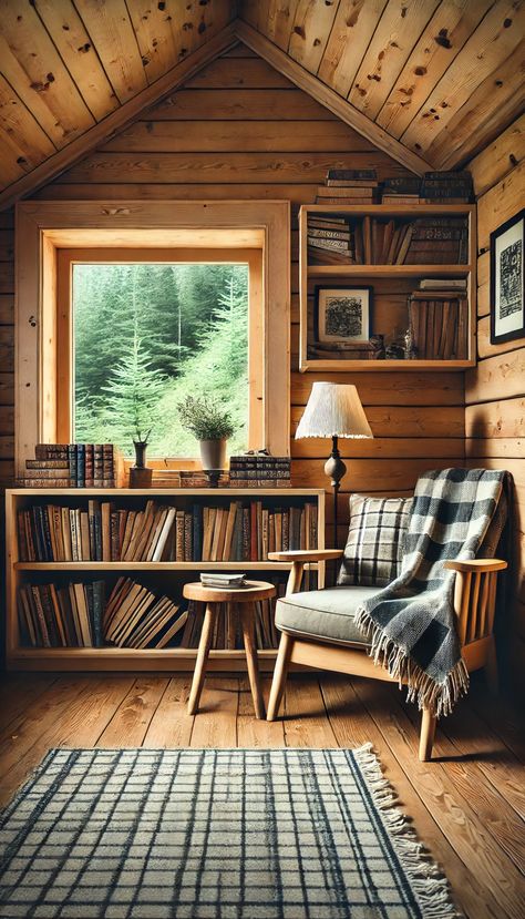 Log Home Aesthetic, Light And Airy Cabin, Cabin Inspired Decor, Small Mountain Cabin Decor, Rustic Cabins In The Woods Interior, Interior Log Cabin Ideas, Wooden Cottage Interior, Cabin Must Haves, Cabin Bookshelves