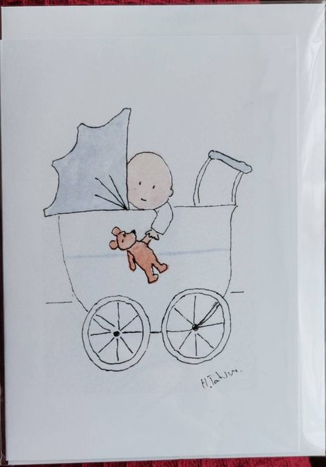 Baby boy in his pram with his teddy handmade and printed from my original watercolour blank inside card. 15cm x 10cms  White card and white envelope  and film wrapped. Handmade baby card Boy shower card  Baby boy congratulations card Baby Shower Drawing Ideas, Baby Cards Handmade Boy, Baby Boy Drawing, Baby Boy Congratulations, Baby Boy Cards Handmade, Baby Birth Cards, Painting Basics, Doodle Baby, Baby Watercolor