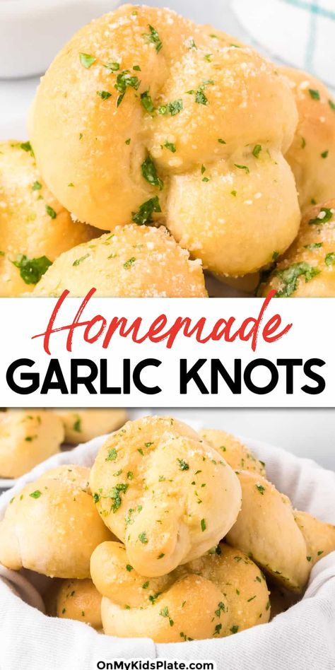 A garlic knot up close on top of a second image of garlic knots in a bowl with title text overlay between the images. Pillsbury Garlic Knots, Small Batch Garlic Knots, Garlic Knots Recipe Easy, Bread Knots, Homemade Garlic Knots, Garlic Parmesan Knots, Classic Christmas Recipes, Garlic Knot, Homemade Bread Dough