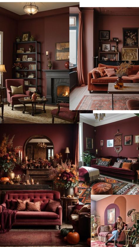 Maroon Living Room, Home Haunted House, Burgundy Living Room, Haunted House Decor, Aesthetic Interior Design, Moody Decor, Color Pallete, Living Room Red, Gothic Home