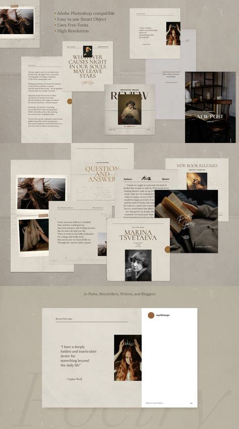 Aesthetic Author, Author Aesthetic, Poetry Templates, Writer Aesthetic, Ig Feed Ideas, Ebook Design, Instagram Template Design, Quote Template, Social Media Pack