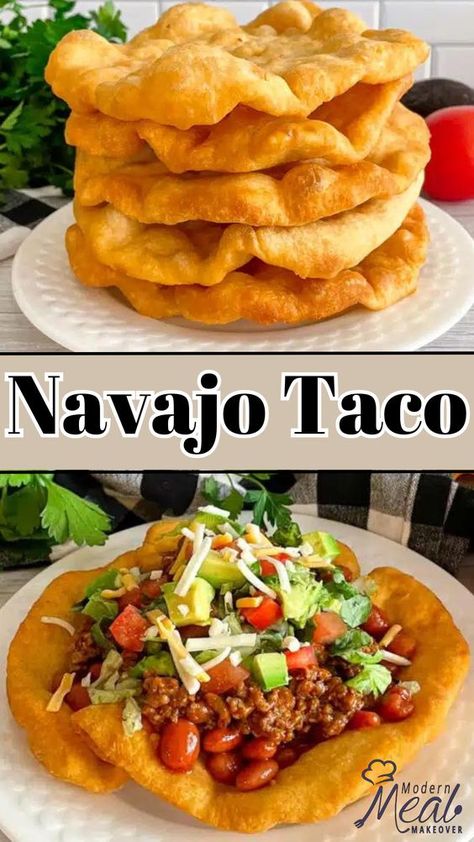 Indulge in the crispy delight of Homemade Navajo Taco (Indian Fry Bread) Recipe.  With a simple recipe of all-purpose flour, baking powder, and hot water, create dough that transforms into golden, puffy circles of perfection. Fry to a crisp, then load with savory taco meat, beans, and your favorite toppings. Navajo Fry Bread Tacos, Indian Bread Tacos, Puffy Bread Recipe, Fried Indian Bread, Navaho Fry Bread Tacos, Indian Fry Bread Tacos, Fry Bread Tacos Recipes, Navajo Tacos Recipe, Navajo Tacos Recipe Frybread