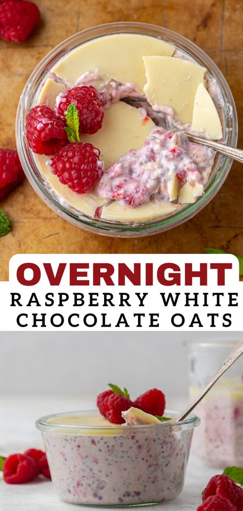 Uni Meal Prep, White Chocolate Oats, Christmas Overnight Oats, Best Overnight Oats Recipe Healthy, Summer Overnight Oats, White Chocolate Overnight Oats, Overnight Oats Recipe Raspberry, Overnight Oats White Chocolate, Overnight Oats Raspberry