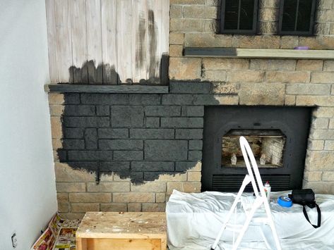 How to Easily Paint a Stone Fireplace (Charcoal Grey Fireplace Makeover) Paint A Stone Fireplace, Painted Stone Fireplace, Grey Stone Fireplace, Stone Fireplace Makeover, Grey Fireplace, Sandstone Fireplace, Stacked Stone Fireplaces, White Mantel, Slate Fireplace