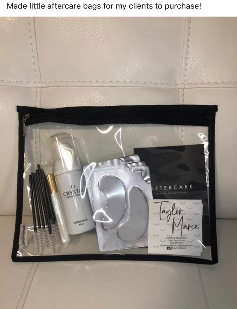 Lash Tech Work Outfit, Lash Room Accessories, Esthetician Gift Bag Ideas, Lash Tech Gift Bags, Lash Extension Goodie Bag Ideas, Lash Bags For Clients, After Care Lash Kits, Lash Kit For Clients, Lash Client Gifts