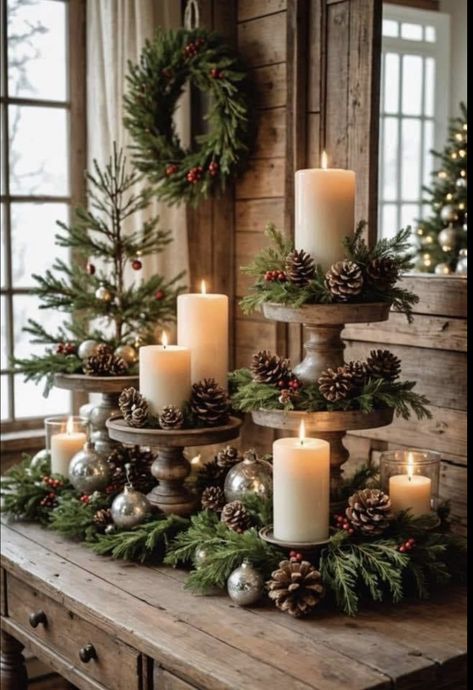 Outdoor Christmas Dinner Party Decor, Tree Decor Ideas Christmas, How To Combine Fall And Christmas Decor, Farmhouse Christmas Outside Decor, Pine Cone Holiday Decor, Rustic Lodge Christmas Tree, Christmas Cone Ideas, Farmhouse Red Christmas Tree, Christmas Tree Trunk Ideas