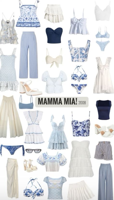 White Mamma Mia Outfit, Mamma Mia Wardrobe, Mamma Mia Core Outfits, Mamma Mia Outfit Aesthetic, Mamma Mia Clothes Style, Mama Mia Summer Outfits, Mama Mia Fits, Costal Girl Outfit, Coastal Outfit Ideas