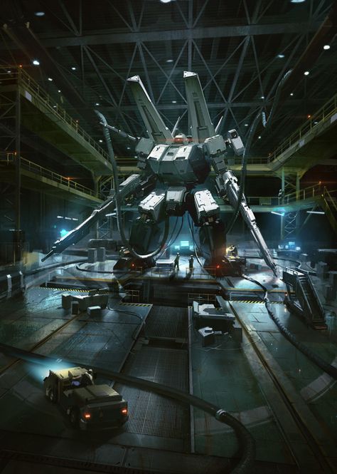 Mech Concept Art by Susan Luo Sci Fi Hangar, Concept Art World, Future Soldier, Armored Core, Arte Robot, Power Armor, Giant Robots, Robot Design, Science Fiction Art