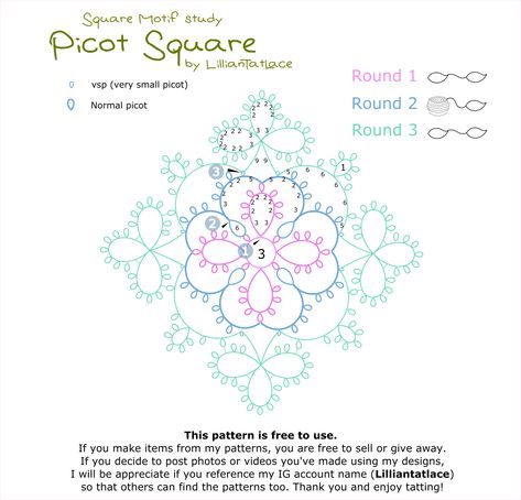 Picot Square (free tatting pattern) – Lilliantatlace Simple Motif, Tatting Patterns Free, Needle Tatting Patterns, Shuttle Tatting Patterns, Tatting Tutorial, Beads Craft Jewelry, Tatting Jewelry, Needle Tatting, Tatting Lace