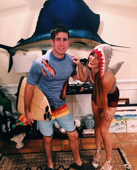 Surfer and Shark Diy Halloween Costumes For Couples, Surfer Costume, Cute Couple Halloween, Shark Halloween Costume, Easy Diy Halloween Costumes, Easy Couples Costumes, Beach Costume, Cute Couples Costumes, Costumes For Couples