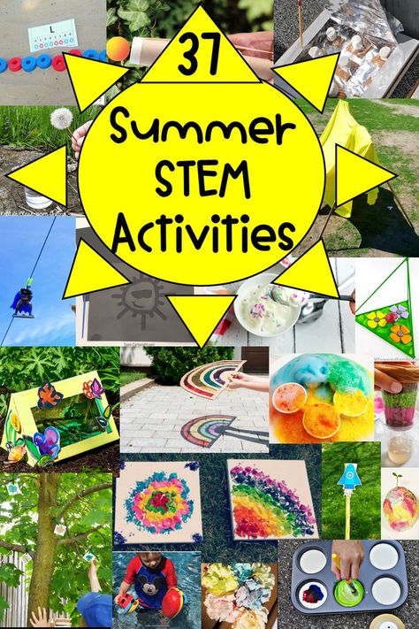 The pin shows a collage of pictures of STEAM activities such as fizzing rainbow, sunscreen imprint on paper, melting DIY smores, rainbow shadows and DIY bug home. Summer Stem Activities, Simple Stem Activities, Summer School Activities, Stem Activities For Kids, Summer Stem, Summer Homeschool, School Age Activities, Summer Camp Activities, Summer Science