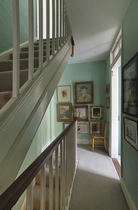 the landing is painted in pale ‘Green Verditer’ paint Hallway Decorating Colours, Victorian Terrace Hallway, Hastings Old Town, Hall Colour, Green Room Decor, Mint Green Walls, Hallway Colours, The Yellow Brick Road, Bedroom Victorian