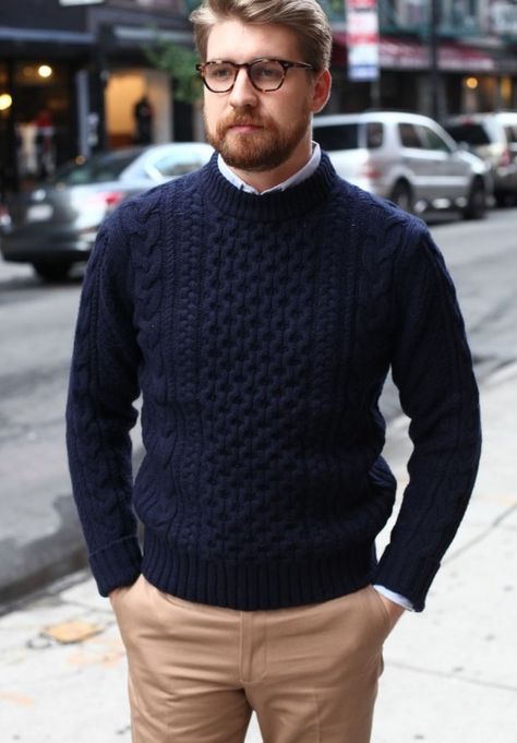 beige pants, a navy knit sweater Wearing Glasses, A Man, Khaki Pants, Pants, Trousers