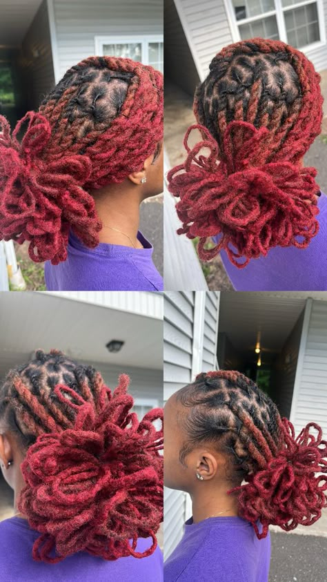 Rose Petal Bun Locs, Petal Loc Styles For Women, Petal Bun Soft Locs, Dreadlock Petals Loc Hairstyles, Locs In Two Buns, Low Ponytail Loc Styles, Low Bun Loc Styles For Women, Flower Petal Loc Styles, Low Bun With Locs