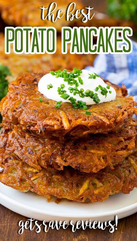 These potato pancakes are shredded potatoes combined with onions and seasoning, then pan fried until golden brown. Potato Pancake Recipe, Crispy Potato Pancakes, Easy German Recipes, Veggie Side Dish Recipes, Potato Pancake, Matzo Meal, Potato Fritters, Homemade French Fries, Shredded Potatoes