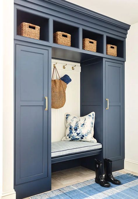 Navy Mudroom Cabinets, Entry Way Locker Ideas, Mud Room Storage Cabinets, Entry Built In, Navy Built Ins, Built In Mud Room, Tiny Mud Room, Navy Mudroom, Entryway Built In Ideas