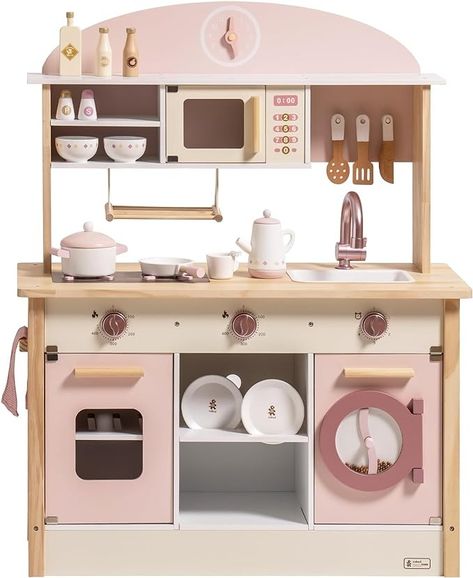 Cute Play Kitchen, Kids Kitchen Storage, Play Kitchen Set Up, Toys Kitchen Set, Kitchen Toys For Kids, Pink Play Kitchen, Girls Kitchen Set, Wooden Kids Toys, Kitchen Set For Kids