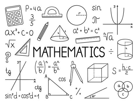 Mathematics doodle set. Education and study concept. School equipment, maths formulas in sketch style. Hand drawn ector illustration isolated on white background Math Aesthetic Drawing, Maths Written In Calligraphy, Maths Related Drawings, Math Related Drawings, Math Drawings Sketch, Cute Math Doodles, Math Doodle Art Ideas, Math Drawing Ideas, Math Journal Ideas