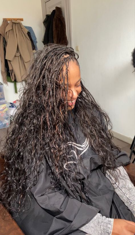 Goddess Locs With Human Hair, Dark Brown Bohemian Braids, Human Knotless Braids, Black And Brown Bohemian Knotless Braids, Brown Roots Black Hair, Bohemian Knotless Braids Brown, Boho Micro Braids, Bohemian Braids Brown, Brown And Black Boho Braids