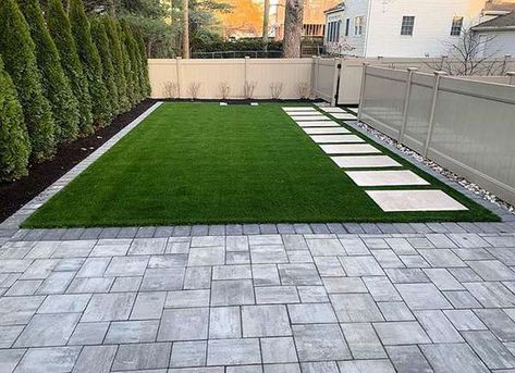 Backyard with pavers and artificial grass Turf Paver, Artificial Turf Landscaping, Artificial Grass Backyard, Turf Backyard, Arizona Backyard, Pavers Backyard, No Grass Backyard, Modern Backyard Landscaping, Grasses Landscaping