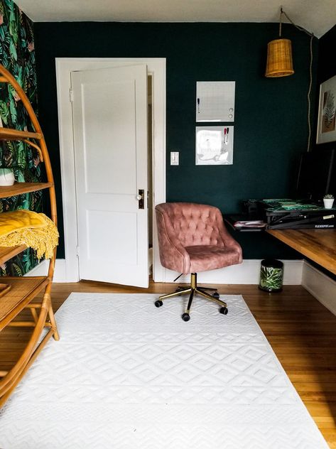 Emerald Green Office Chair, Moody Office Women, Masculine Boho Office, Dark Bohemian Office, Industrial Boho Office, Black Boho Office, Botanical Home Office, Boho Eclectic Office, Boho Office Space Workspaces Business