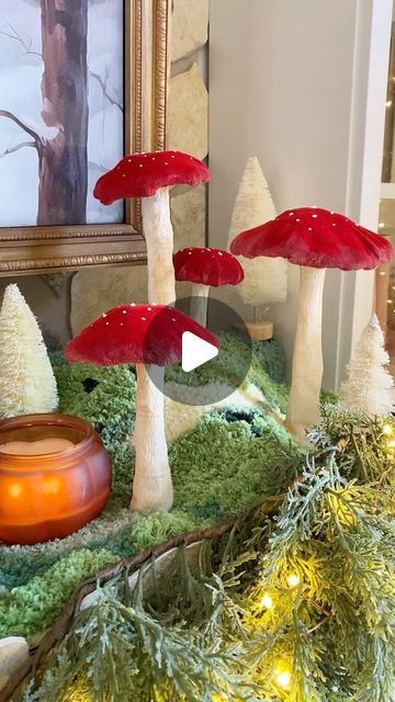 Amanda Escoe on Instagram: "✨🍄Anthro dupe mushrooms 🍄✨  Hi friends! I made these mushrooms a couple weeks ago inspired by the anthro mushroom display for Christmas.🍄 I want to share how easy and affordable it is to craft them!  Materials I used: Tin foil  Hot glue Velvet fabric (or any fabric on hand) Crepe paper  Puffy paint  I took large tin foil sheets and molded them into a stem and mushroom top. I Hot glued both together. The stem, I made sure to have a flat top for more stability. I used crepe paper to hot glue to the foil stem. You can also use felt sheets for a replacement.   I cut the velvet to the shape of the mushroom top and folded over the fabric and used puffy paint for the spots on the mushroom. I also painted the tips of the mushroom creamy white for a more dimensional l Making Mushrooms Out Of Hot Glue, How To Make A Felt Mushroom, Paper Mushrooms Diy Crafts, Diy Large Mushrooms, Diy Velvet Mushrooms, How To Make A Mushroom, Making Mushrooms Craft, Mushroom Craft Ideas, Anthro Inspired Christmas