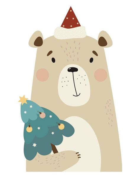 Christmas Theme Drawing, Christmas Bear Wallpaper, Beary Christmas, Christmas Animals Illustration, Christmas Bear Drawing, Christmas Bear Illustration, Bear With Christmas Tree, Bear Christmas Card, Kids Animal Art