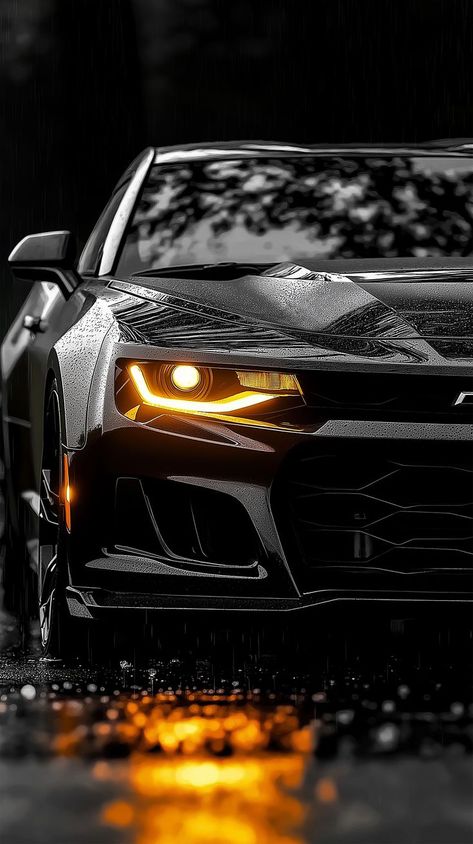 The wallpaper features a black Chevrolet Camaro ZL1 with its headlights illuminating the rain-soaked road. The car's aggressive stance and powerful lines are emphasized by the dark background and the glistening raindrops on its surface. The bright yellow headlights cut through the gloom, creating a sense of drama and mystery. Chevy Camaro Zl1 Wallpaper, Zl1 Camaro Wallpaper, Chevrolet Camaro Aesthetic, Camaro Wallpaper Iphone, Zl1 Wallpaper, Chevrolet Camaro Wallpapers, Black Chevrolet Camaro, Camaro Wallpaper, Yellow Headlights