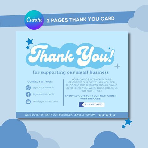 "Introducing our customizable 2-page Thank You Card Template in Canva - a versatile and user-friendly design that allows you to effortlessly create personalized thank you cards for any business. This template offers an array of features designed to enhance your gratitude and make a lasting impression. Advantages and Customer Satisfaction: 💗Enhanced Personalization: Tailoring thank you cards according to your brand's identity and the specific occasion fosters a deeper connection with your audience. Customers appreciate the personal touch, which strengthens the bond between your business and them. 💗Professional and Engaging: The ability to design a two-page card in Canva ensures a professional and polished finish. A well-designed thank you card reflects positively on your brand, leaving a Brand Identity, Small Business Cards, Personalized Thank You Cards, Grateful For You, Thank You Card Template, Friendly Design, Card Template, Customer Satisfaction, Personal Touch