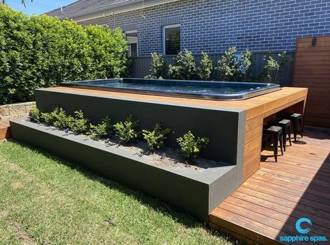 25 Different Above-Ground Swimming Pool Designs In 2023 Swim Spa Deck, Swim Spa Landscaping, Spa Landscaping, Backyard Spa, Indoor Swimming Pool Design, Installation Ideas, Party Backyard, Ground Pool Ideas, Pool Backyard