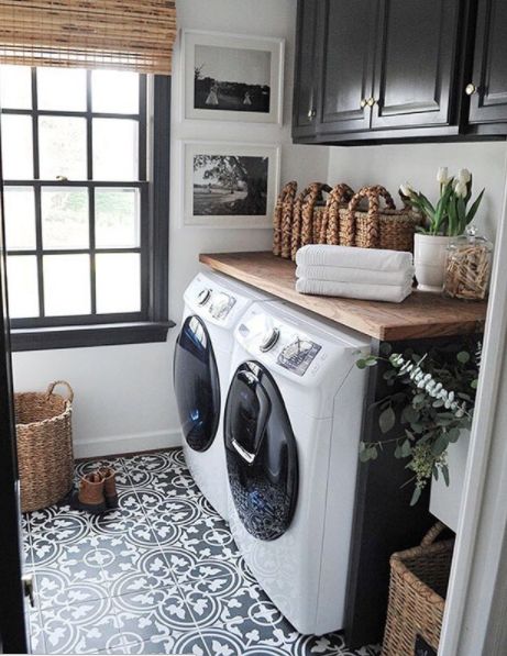 Love the wood counter on top of the laundry appliances Farmhouse Laundry Room Ideas, Modern Farmhouse Laundry Room, Farmhouse Laundry, Farmhouse Laundry Room, Laundry Room Remodel, Laundry Room Inspiration, Small Laundry Room, Small Laundry, Laundry Room Storage