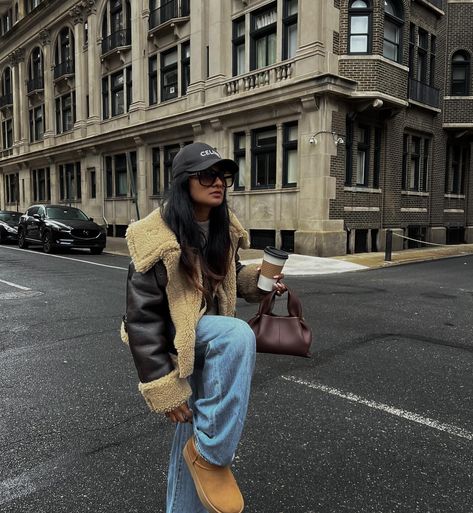 Kanchanalle | Atlanta blogger | Swinging by my go-to spot for that hot chocolate fix – ‘tis the season! 🍫 Christmas cheer is in full swing, and I’m gearing up for a… | Instagram Leather And Fur Jacket Outfit, Brown Leather Jacket With Fur Outfit, Fur Suede Jacket Outfit, Brown Fur Lined Jacket Outfit, Shearling Aviator Jacket Outfit, Leather Shearling Jacket Outfit, Fur Lined Jacket Outfit, Jean Jacket With Fur Outfit, Sherpa Leather Jacket Outfit