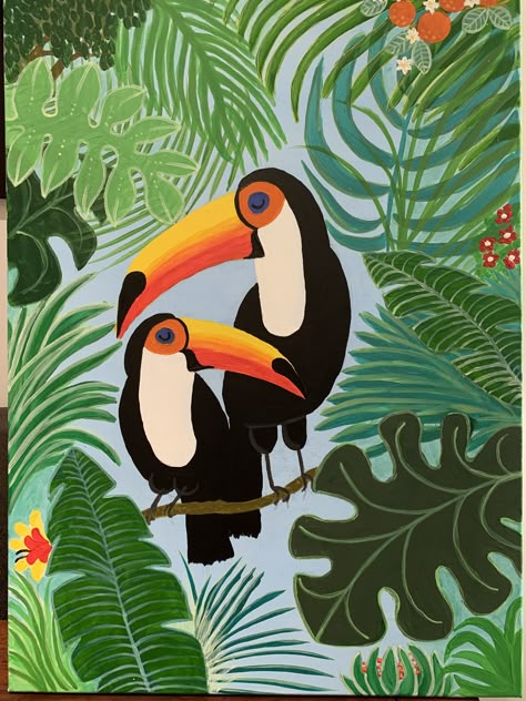 Jungle Painting Ideas, Jungle Animals Painting, Jungle Illustration Art, Toucan Acrylic Painting, Jungle Canvas Painting, Jungle Painting Easy, Jungle Acrylic Painting, Jungle Painting Acrylic, Jungle Art Painting