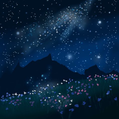 Night Sky Illustration Stars, Paintings Of Stars, Starry Sky Drawing, Cartoon Night Sky, Night Time Art, Stargazing Art, Night Sky Drawing, Star Garden, Night Drawing