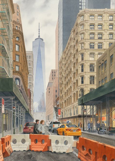 My original watercolor painting: "The gilt is off", 2020 (Fulton street, Manhattan, New York City) Wall Street Nyc, New York Painting, Fulton Street, Street Painting, Nyc Art, Nyc Street, Street New York, Cityscape Painting, Manhattan New York