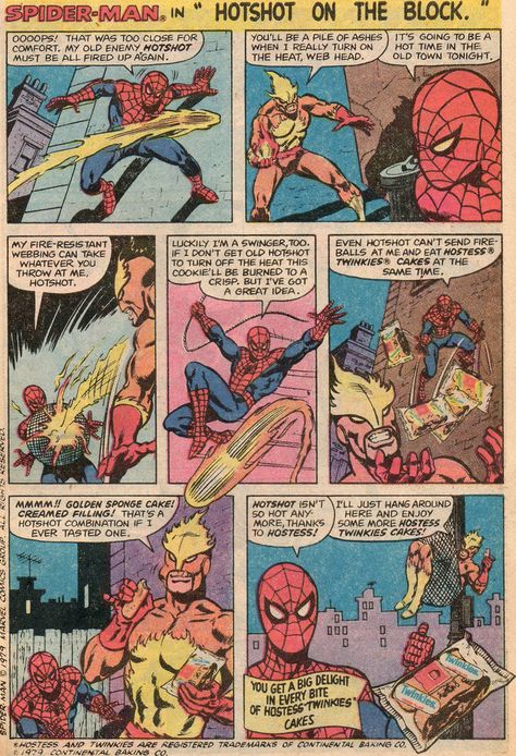 Spider-man - Hostess 1970's Comic Strip Tribute Superheroes Selling Twinkies | Via:  GeekTyrant (#twinkies #superheroes #comicbooks #spiderman) Marvel Heroes Comics, Next Avengers, Book Cover Page, Retro Comic Book, Comic Book Pages, Vintage Comic Books, Spiderman Comic, Avengers Movies, Retro Comic