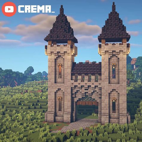 These Minecraft castle build ideas are perfect for your medieval village. There are survival castles, starter castles, epic castles, and more. This is a build of a castle gate or wall. Minecraft Castle Side Of Mountain, Minecraft Builds Midevil, How To Build Minecraft Castle, Cobblestone Castle Minecraft, Elvin Castle Minecraft, Minecraft Castle Pillar, Small Medieval Castle Minecraft, Minecraft Kingdom Entrance, Minecraft Base Medieval