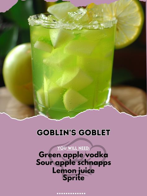 🍏 Embrace the mystery with Goblin's Goblet! 🍏🧙‍♂️ #GoblinsGoblet #MysticalSips Goblin's Goblet Ingredients: Green apple vodka (2 oz) Sour apple schnapps (1 oz) Lemon juice (1/2 oz) Sprite (to top) Green apple slice (for garnish) Instructions: Shake green apple vodka, sour apple schnapps, and lemon juice with ice. Strain into a goblet. Top with Sprite. Garnish with a green apple slice. Unleash your inner goblin! 🍏✨ #MysticalDrinks #RecipeInspire Sour Apple Schnapps Drinks, Sour Apple Cocktails, Green Apple Vodka, Vodka Sour, Vodka Punch, Apple Schnapps, Apple Vodka, Apple Slice, Apple Cocktail