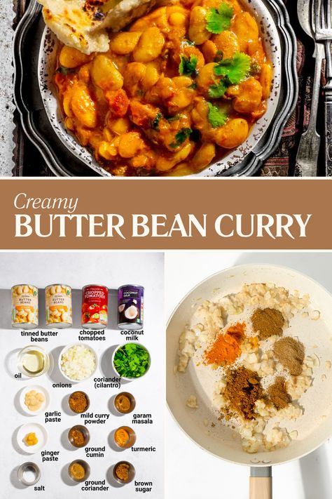 Butter bean curry in a bowl alongside a bowl of rice and a bowl of yoghurt. Indian Bean Curry, Indian Recipes With Coconut Milk, Butter Bean Curry Recipe, Butter Bean Curry, Easy Indian Curry, Indian Beans Recipe, Bean Curry Recipe, Butter Beans Recipe, Curry With Coconut Milk