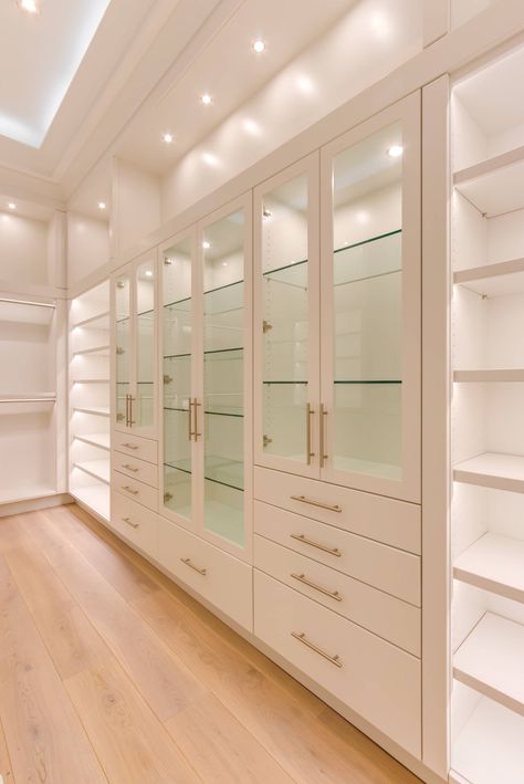 Separate Master Closets, Designer Closet Ideas, Walk In Closet With Couch, Custom His And Hers Closet, Celebrity Closets Walk In, Closet With Tall Ceilings, Primary Bedroom Closet Ideas, Women Walk In Closet Ideas, White Custom Closet