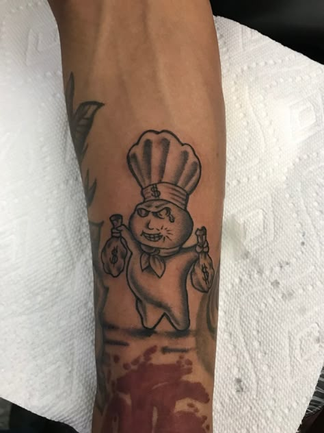 Pillsbury Doughboy Cartoon Tattoo Hood Cartoon Tattoos, Doughboy Tattoo Design, Pillsbury Doughboy Tattoo Design, Pillsbury Doughboy Drawing, Cartoon Hand Tattoo, Buffalo Ny Tattoo, Pillsbury Doughboy Tattoo, Doughboy Tattoo, Cartoon Tattoos For Men